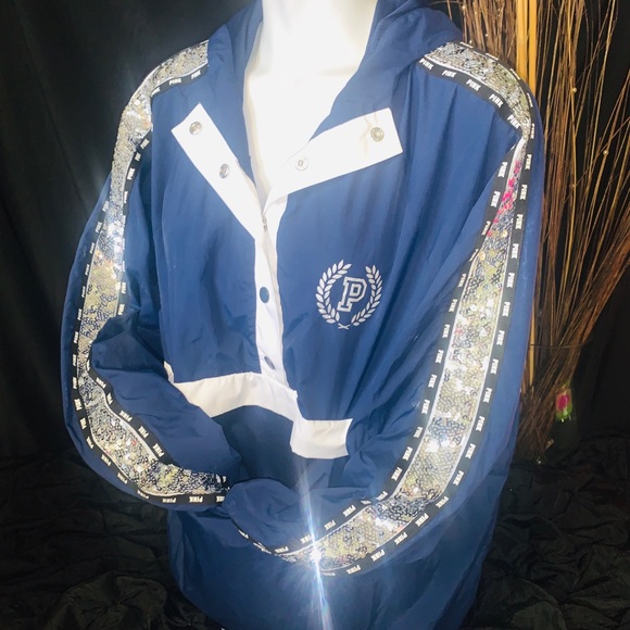 Victoria Secret Pink Bling Anorak Hoodie Jacket Sequence Windbreaker Coat New M - Picture 2 of 14